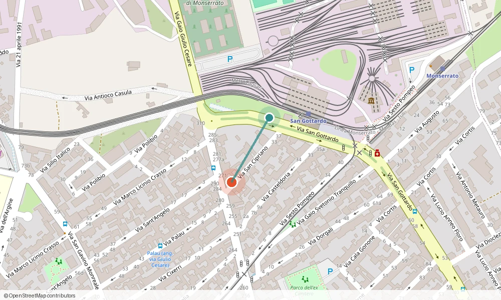 Mappa con la posizione del B&B Gottardo in Via San Cipriano 2 e la fermata della metropolitana San Gottardo a 150 metri